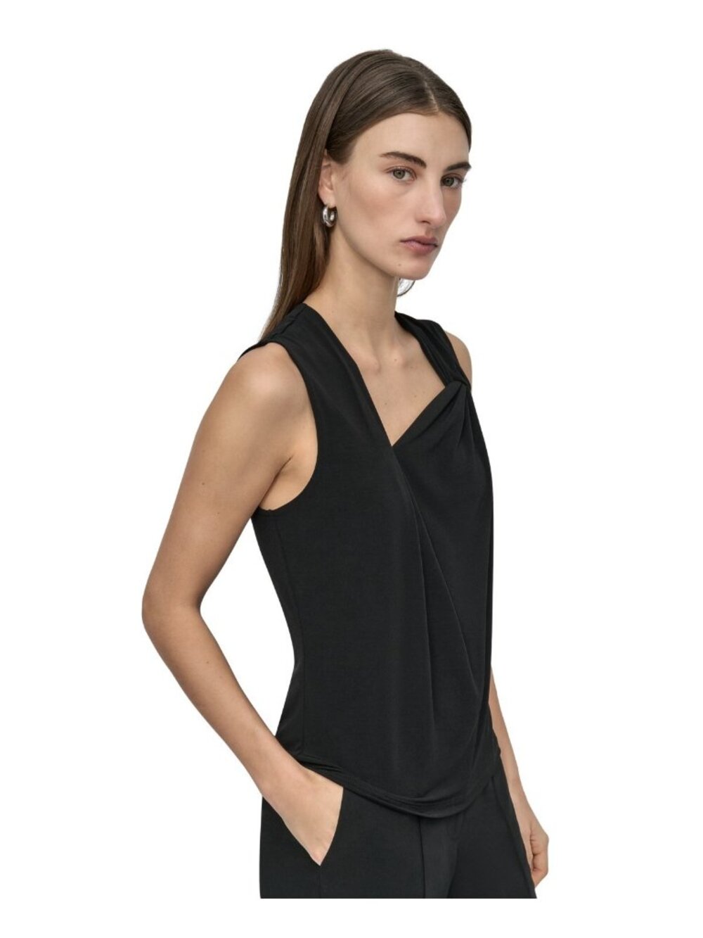 DKNY Asymmetric Strap drape Sleeveless polyester Top Black Petite Size PXL $59 - Picture 2 of 6